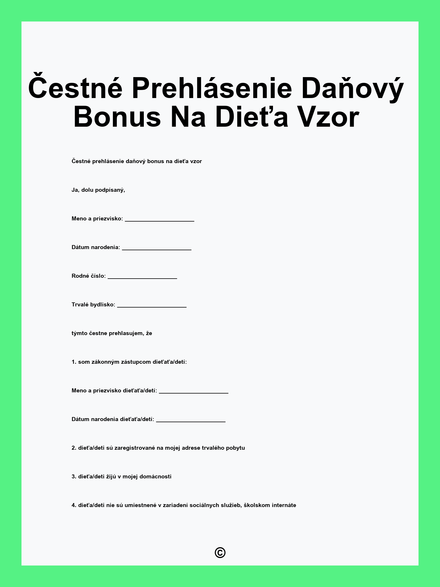 Čestné Prehlásenie Daňový Bonus Na Dieťa Vzor