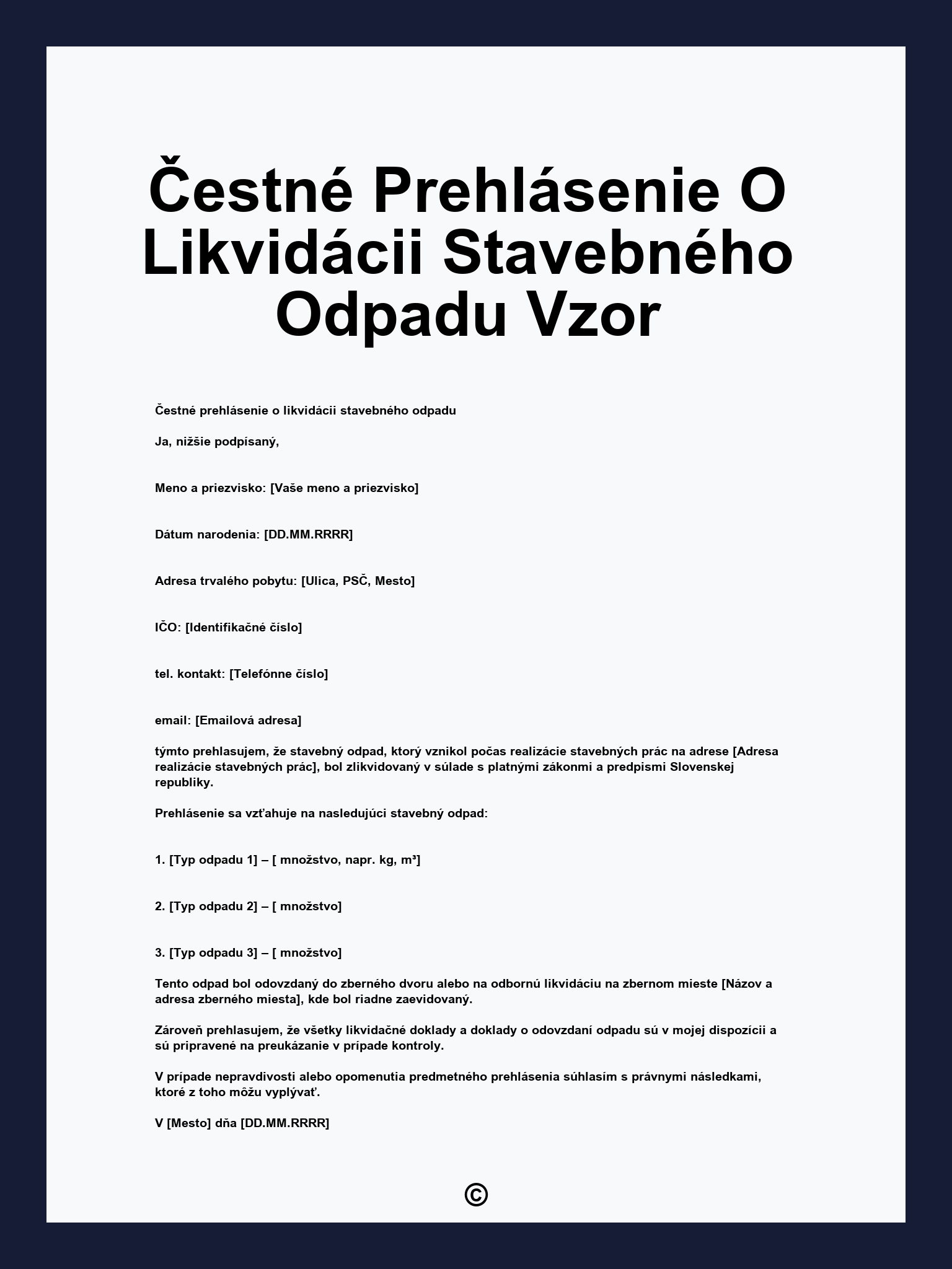 Čestné Prehlásenie O Likvidácii Stavebného Odpadu Vzor