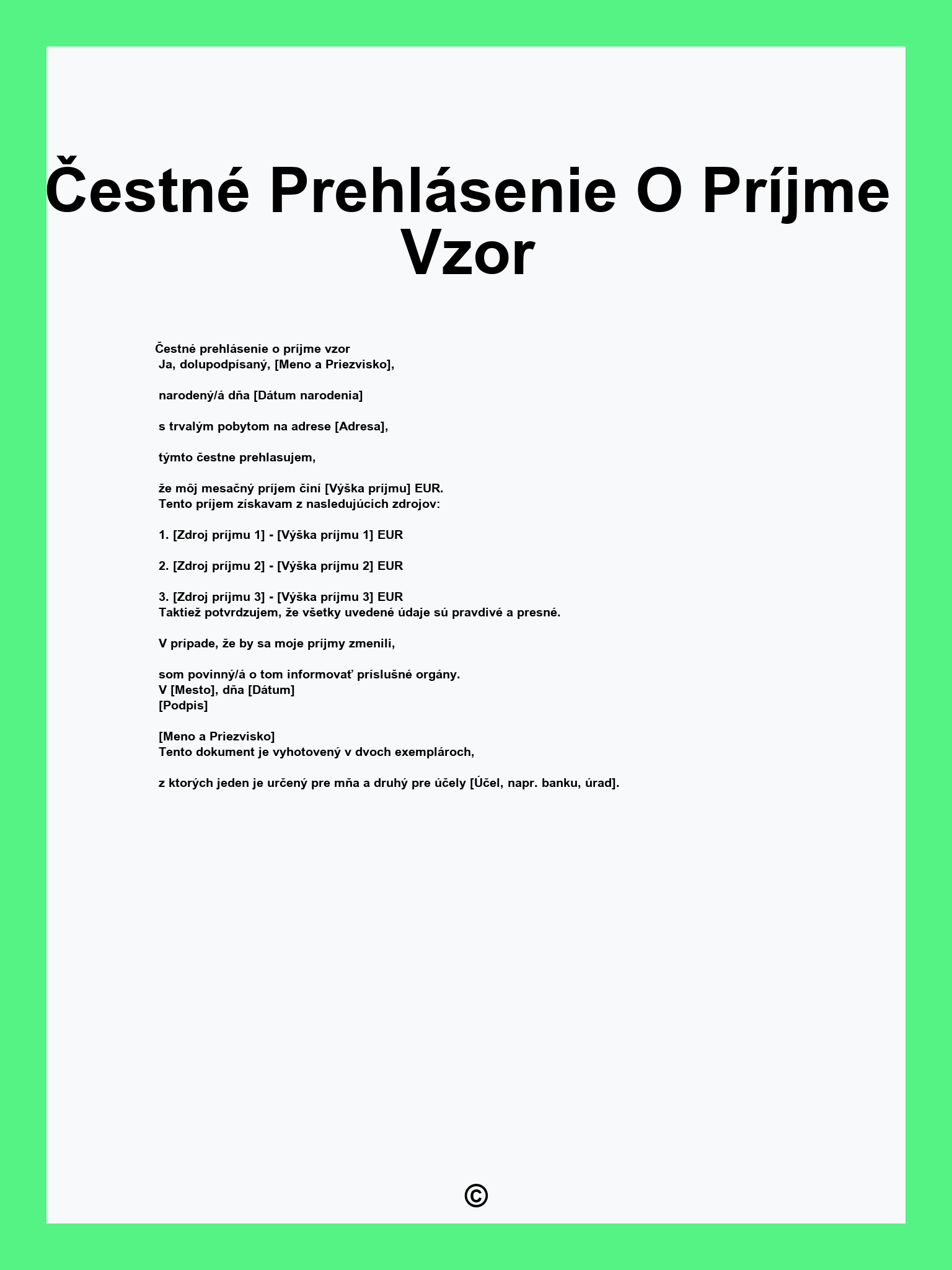 Čestné Prehlásenie O Príjme Vzor