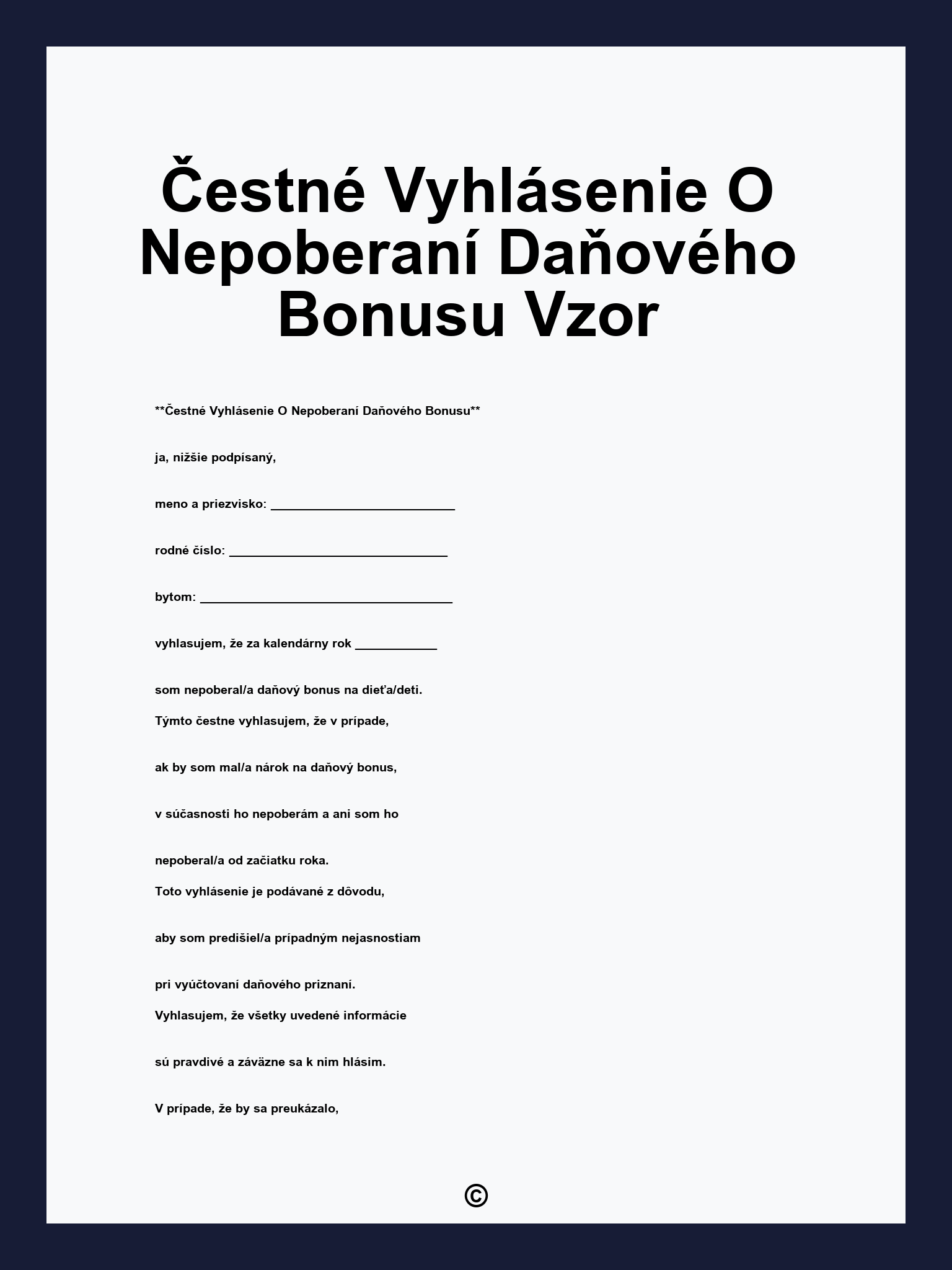 Čestné Vyhlásenie O Nepoberaní Daňového Bonusu Vzor