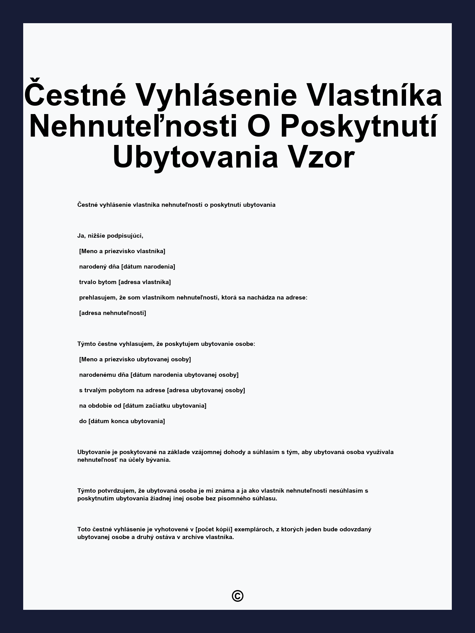Čestné Vyhlásenie Vlastníka Nehnuteľnosti O Poskytnutí Ubytovania Vzor