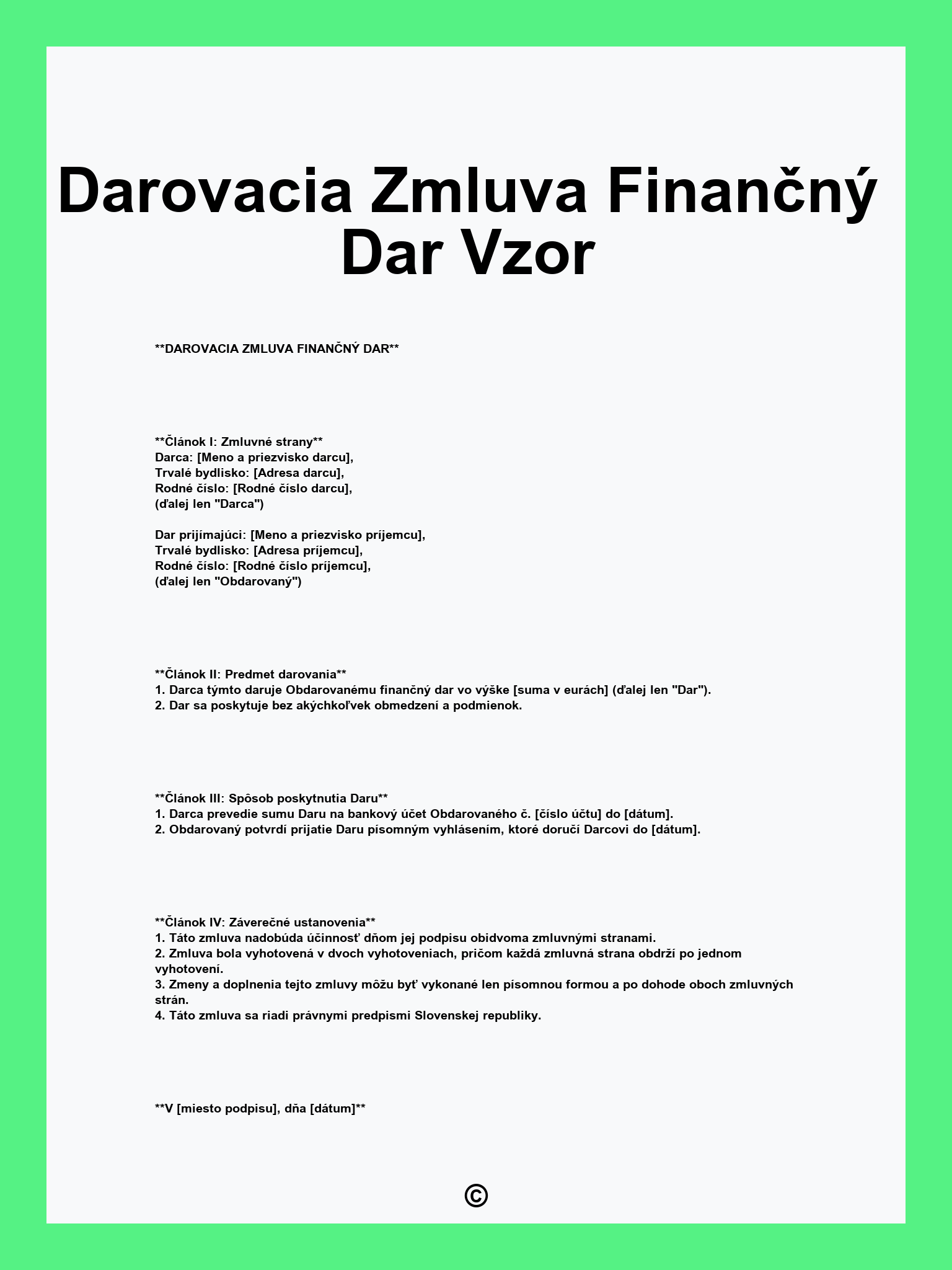 Darovacia Zmluva Finančný Dar Vzor