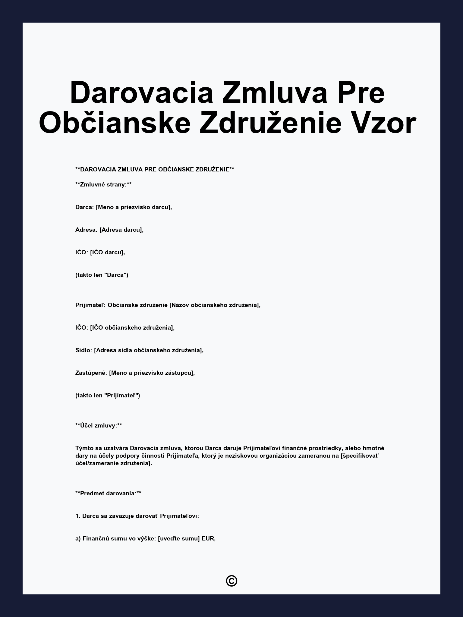 Darovacia Zmluva Pre Občianske Združenie Vzor