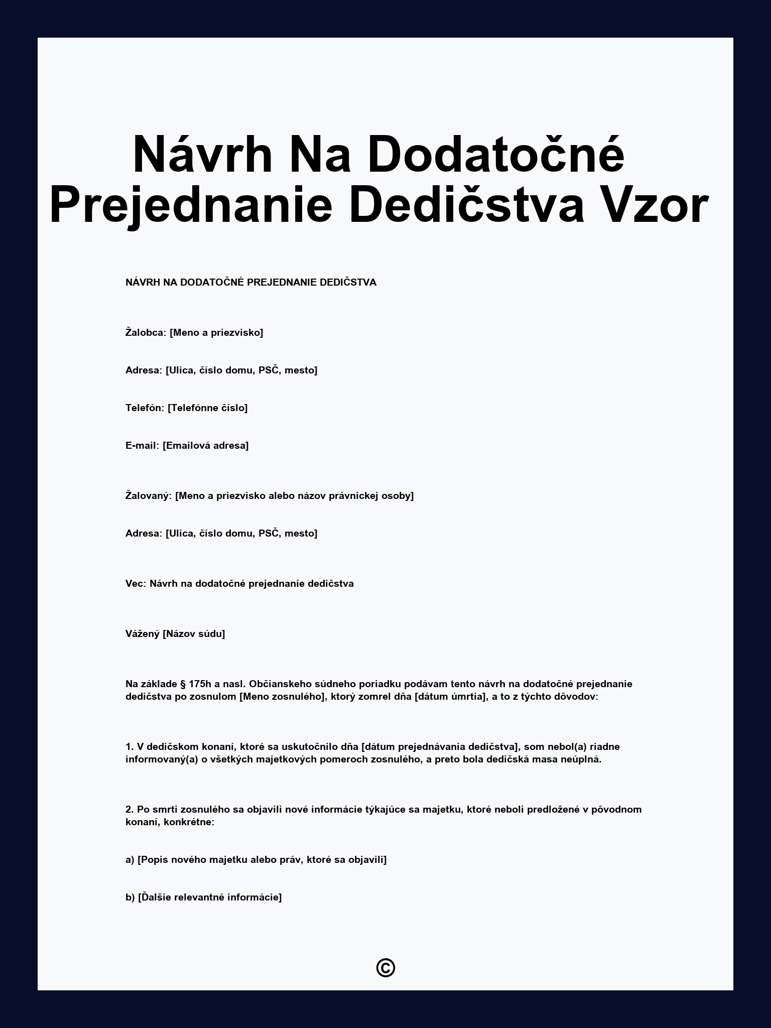 Návrh Na Dodatočné Prejednanie Dedičstva Vzor