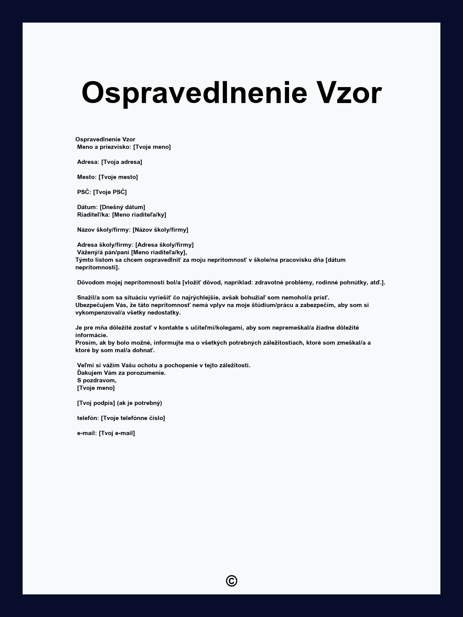 Ospravedlnenie Vzor