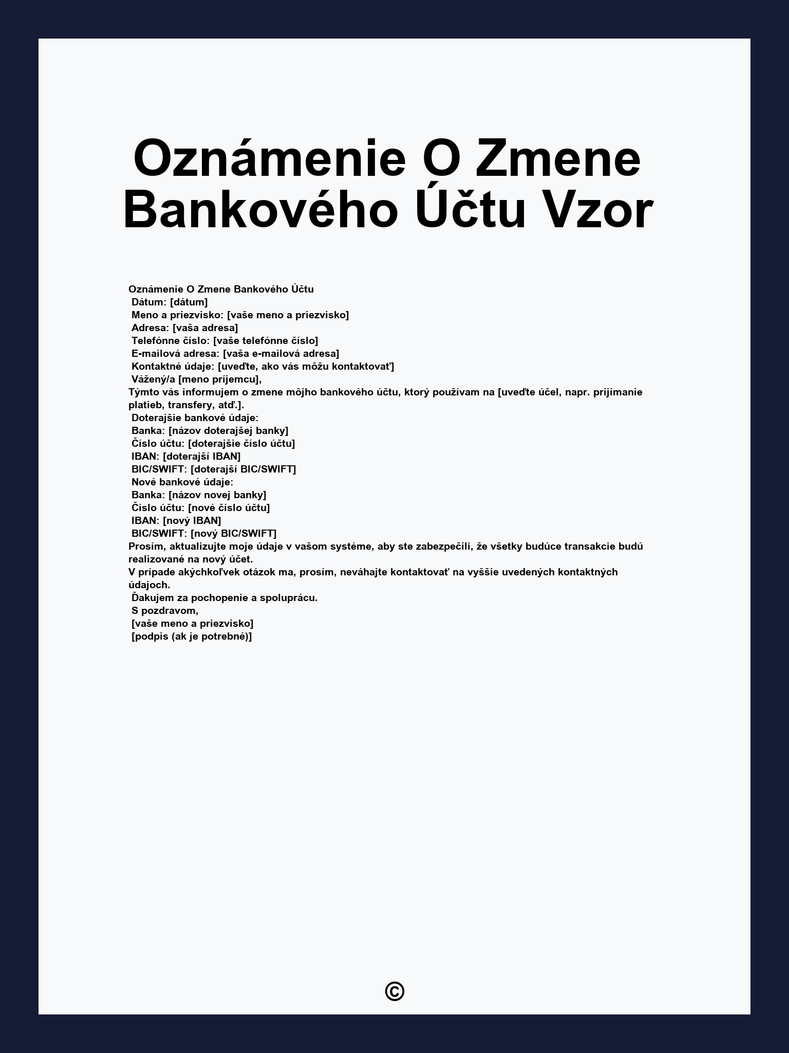 Oznámenie O Zmene Bankového Účtu Vzor