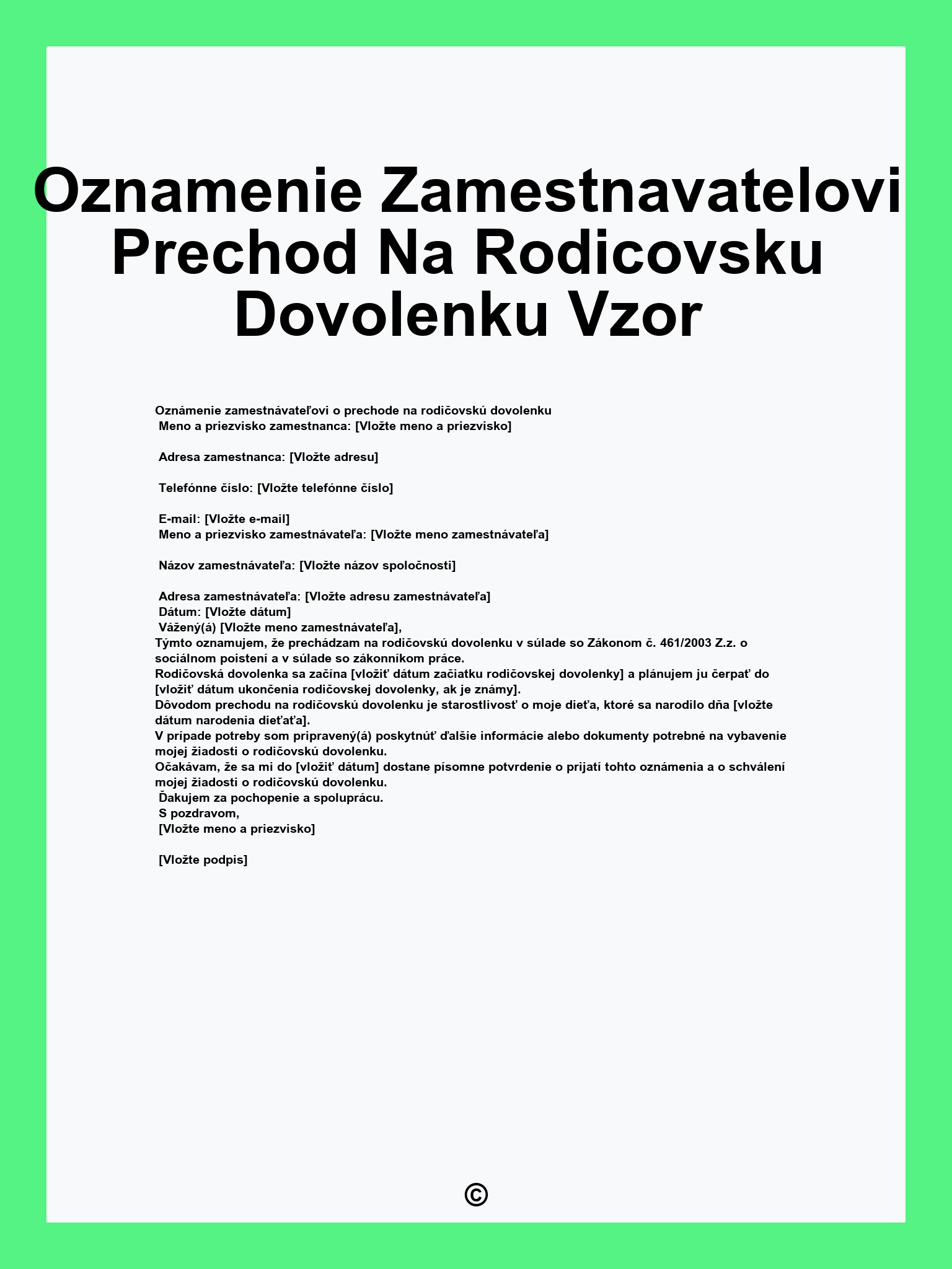 Oznamenie Zamestnavatelovi Prechod Na Rodicovsku Dovolenku Vzor