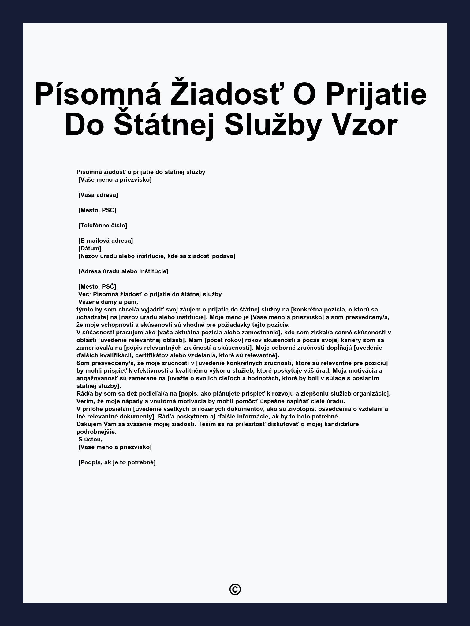 Písomná Žiadosť O Prijatie Do Štátnej Služby Vzor