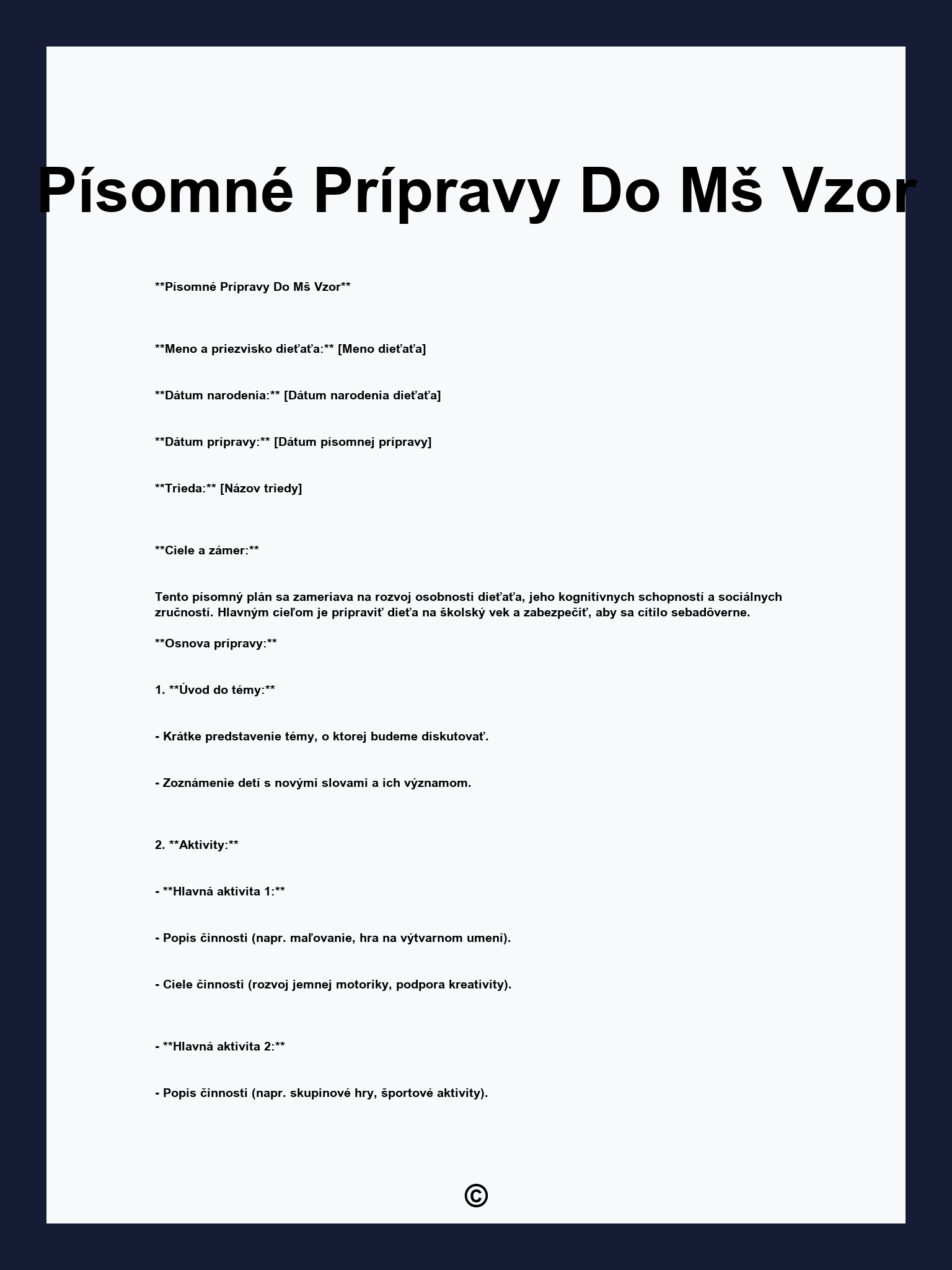 Písomné Prípravy Do Mš Vzor