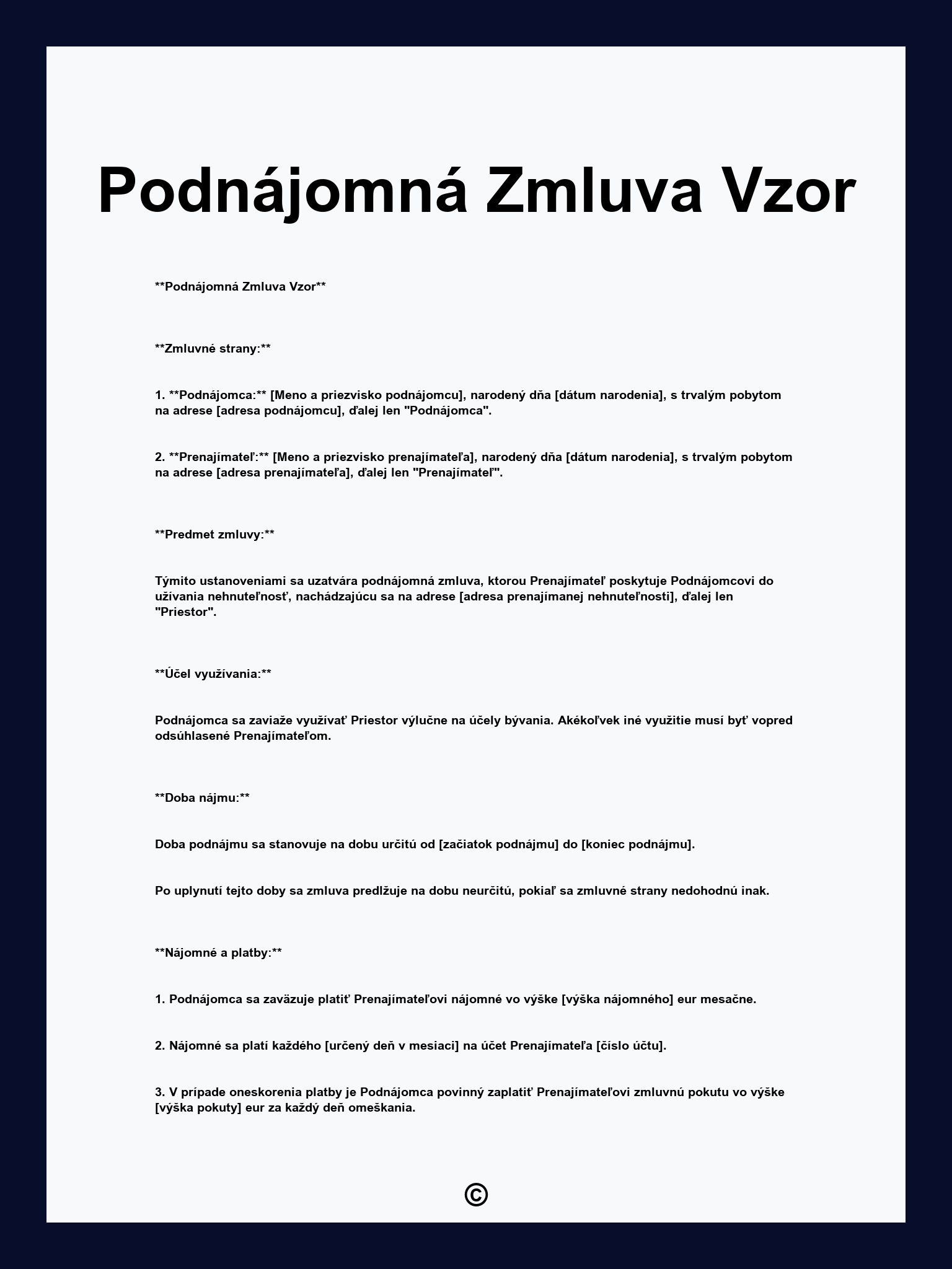 Podnájomná Zmluva Vzor