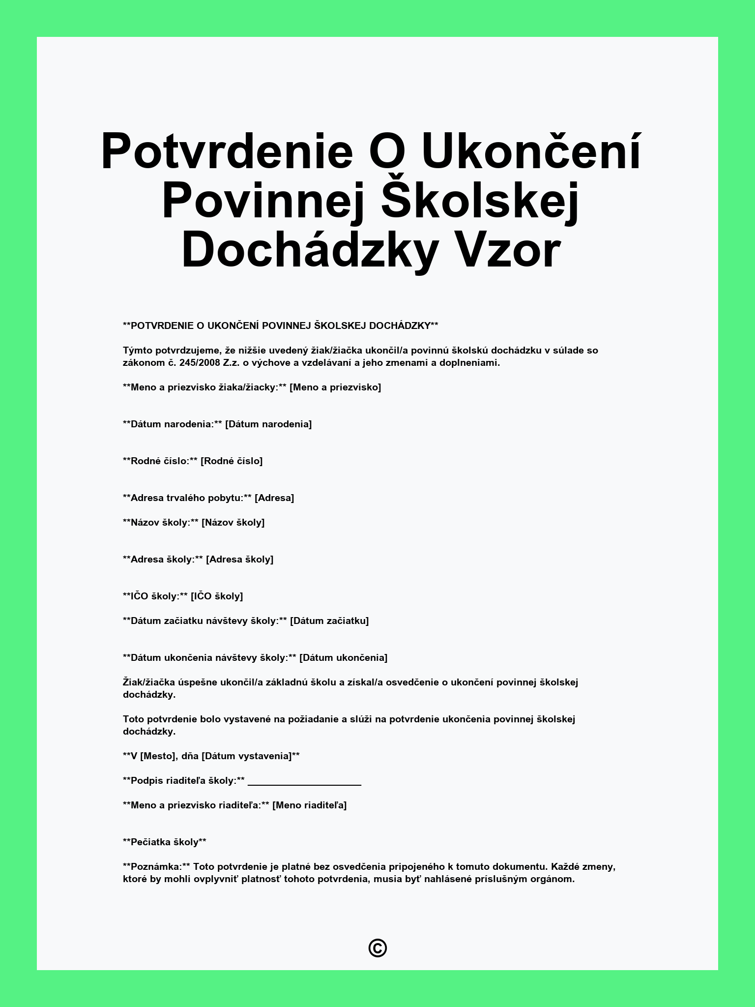 Potvrdenie O Ukončení Povinnej Školskej Dochádzky Vzor