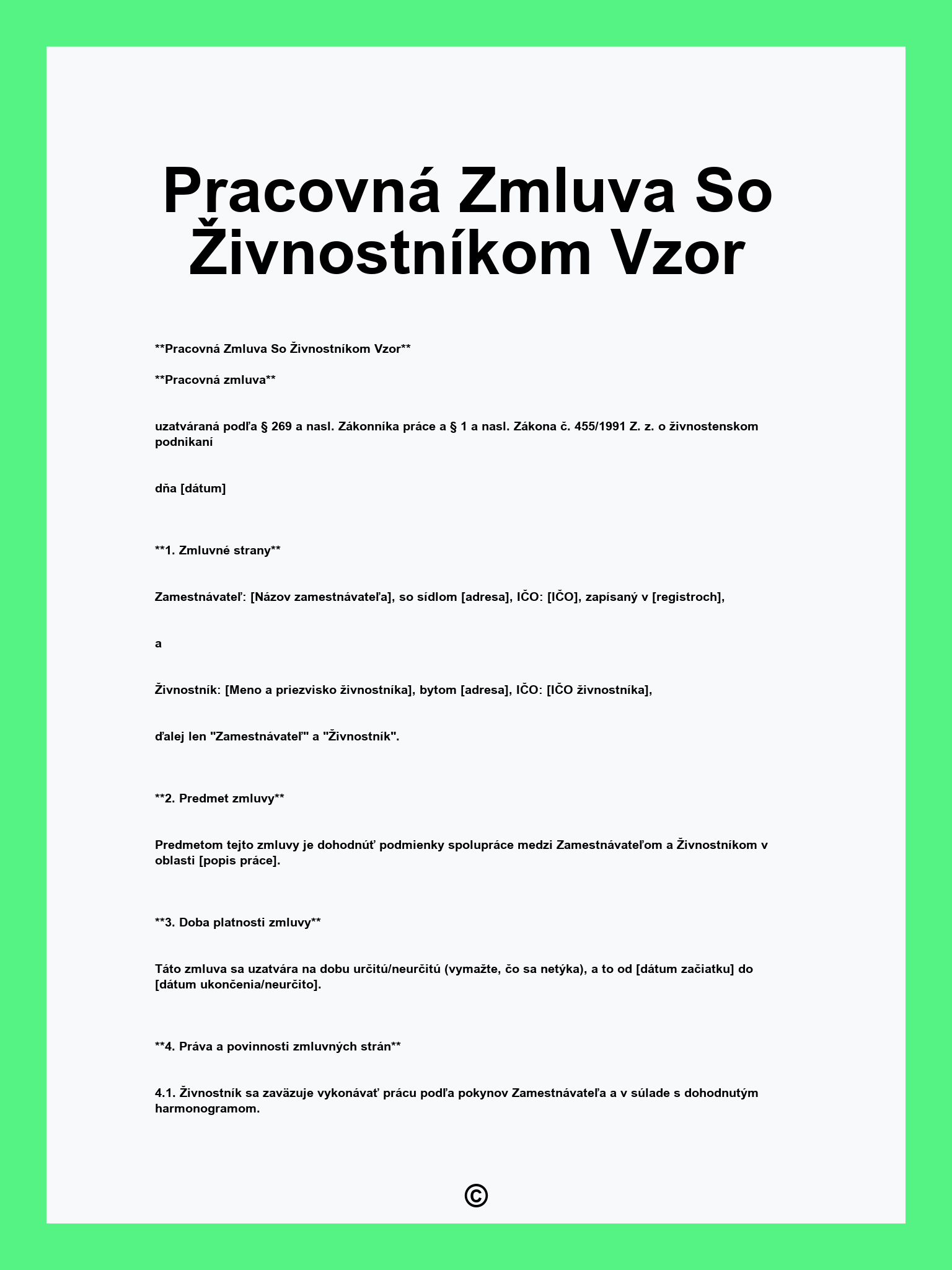 Pracovná Zmluva So Živnostníkom Vzor