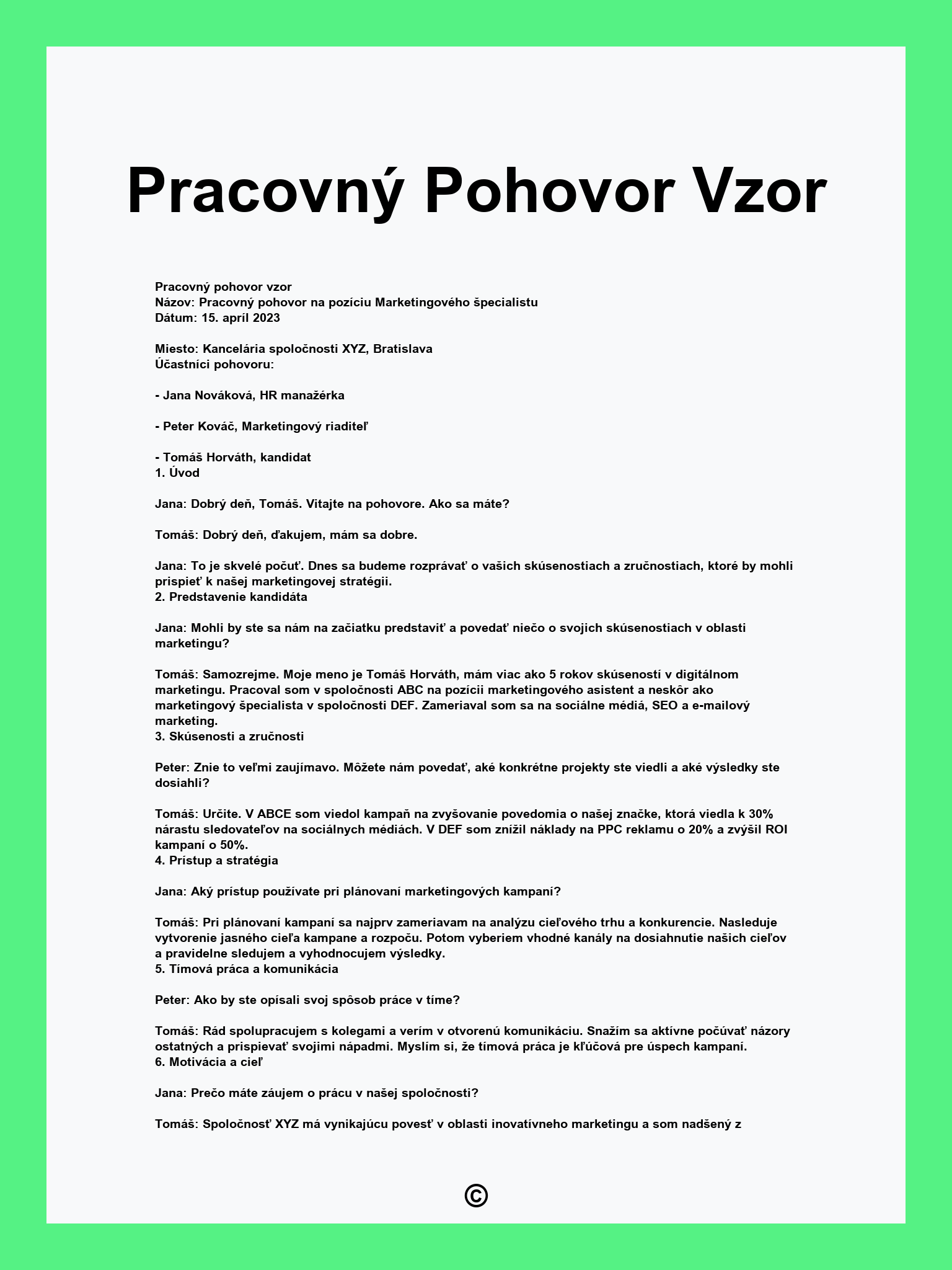 Pracovný Pohovor Vzor