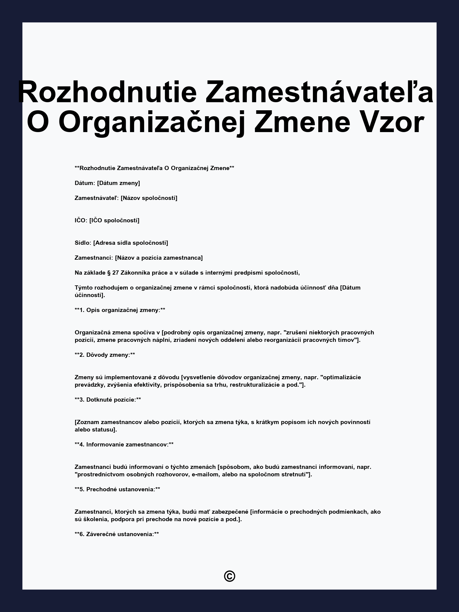 Rozhodnutie Zamestnávateľa O Organizačnej Zmene Vzor