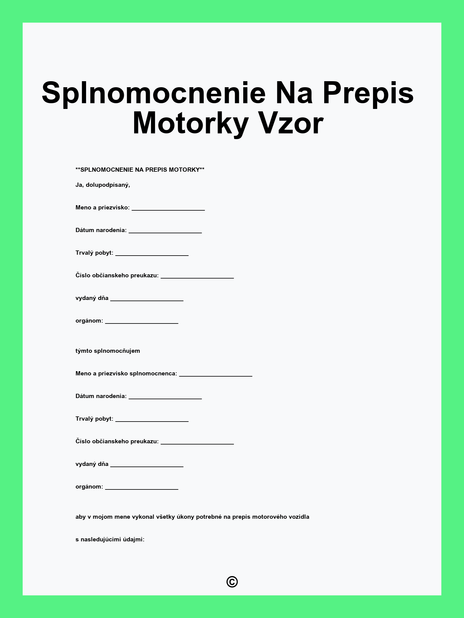 Splnomocnenie Na Prepis Motorky Vzor
