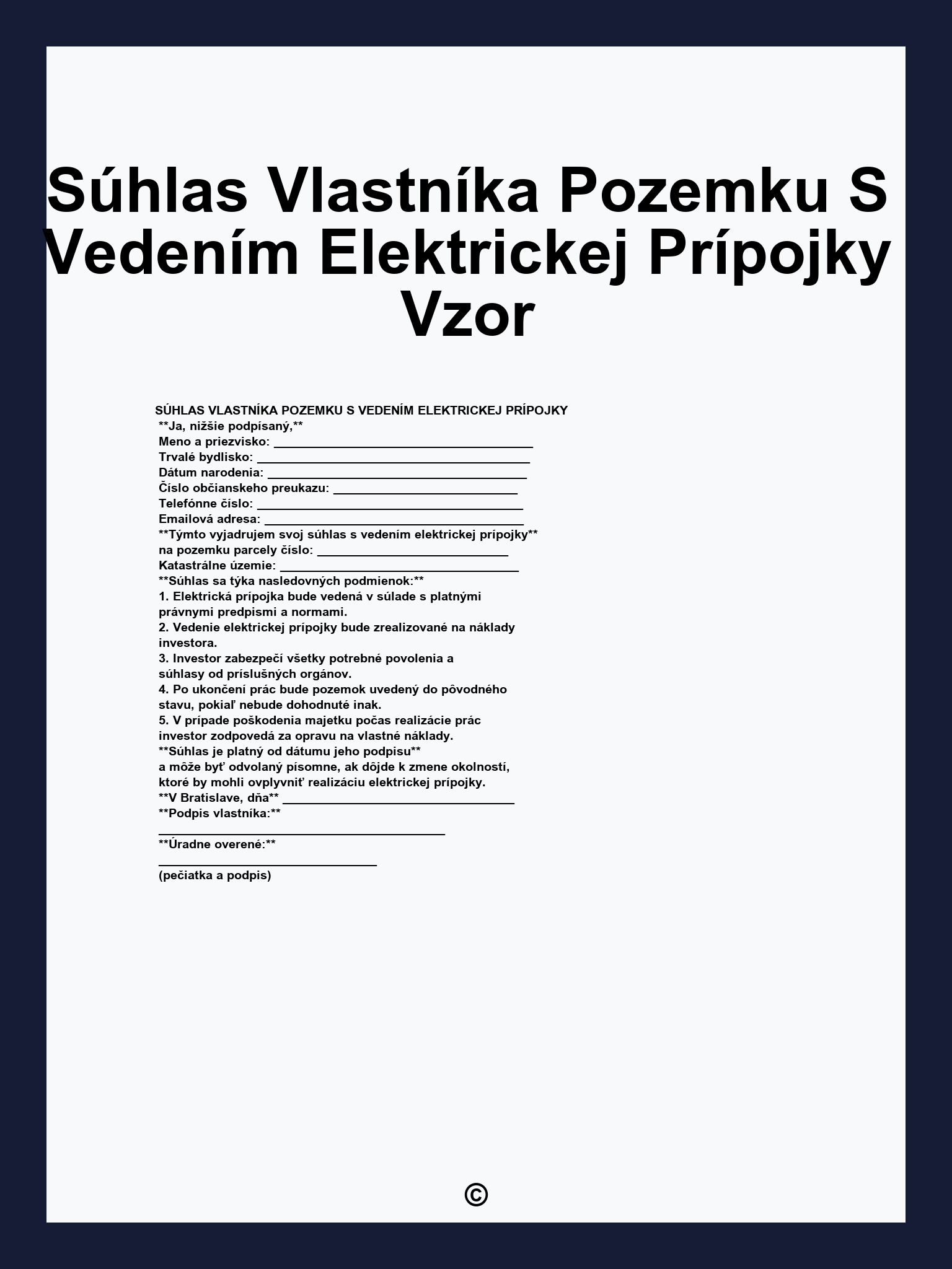 Súhlas Vlastníka Pozemku S Vedením Elektrickej Prípojky Vzor