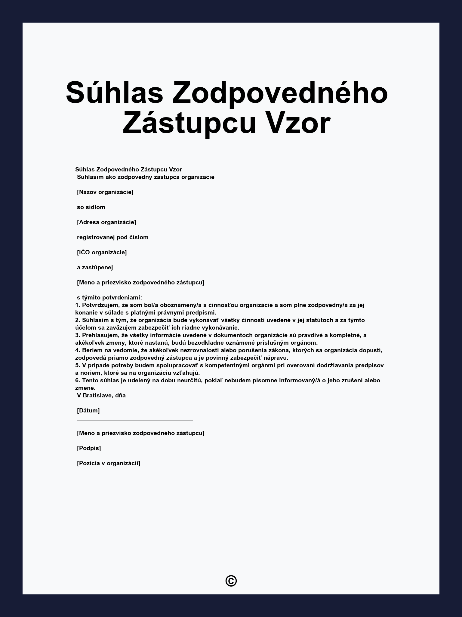 Súhlas Zodpovedného Zástupcu Vzor