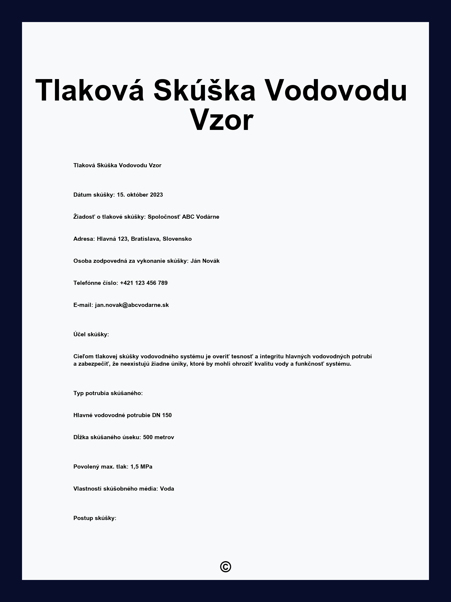 Tlaková Skúška Vodovodu Vzor