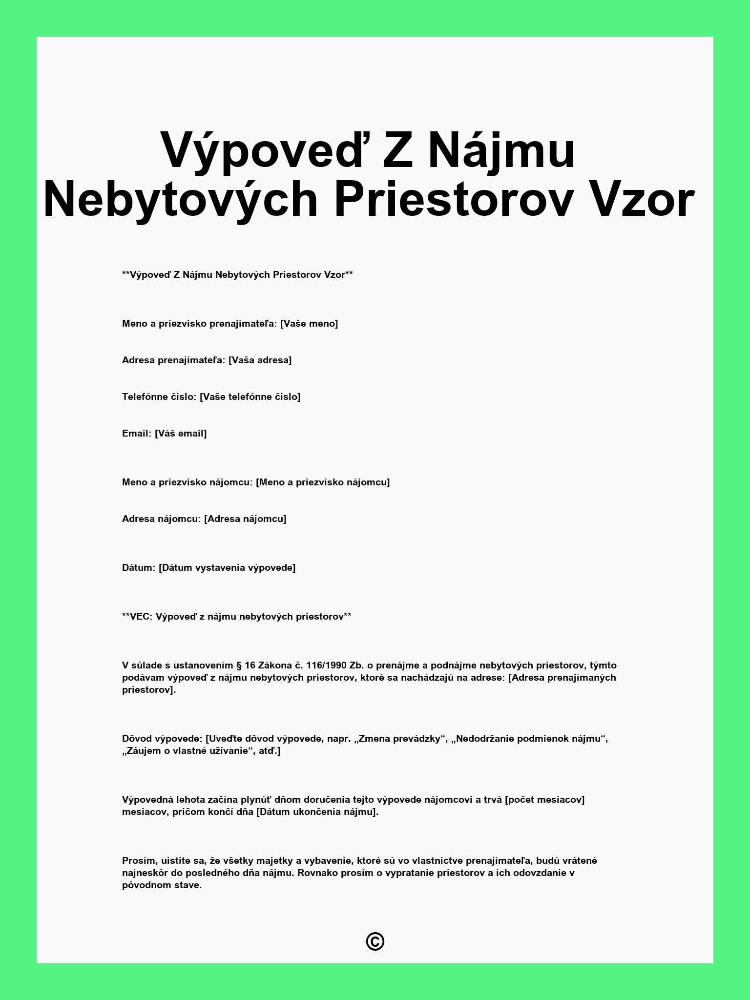 Výpoveď Z Nájmu Nebytových Priestorov Vzor