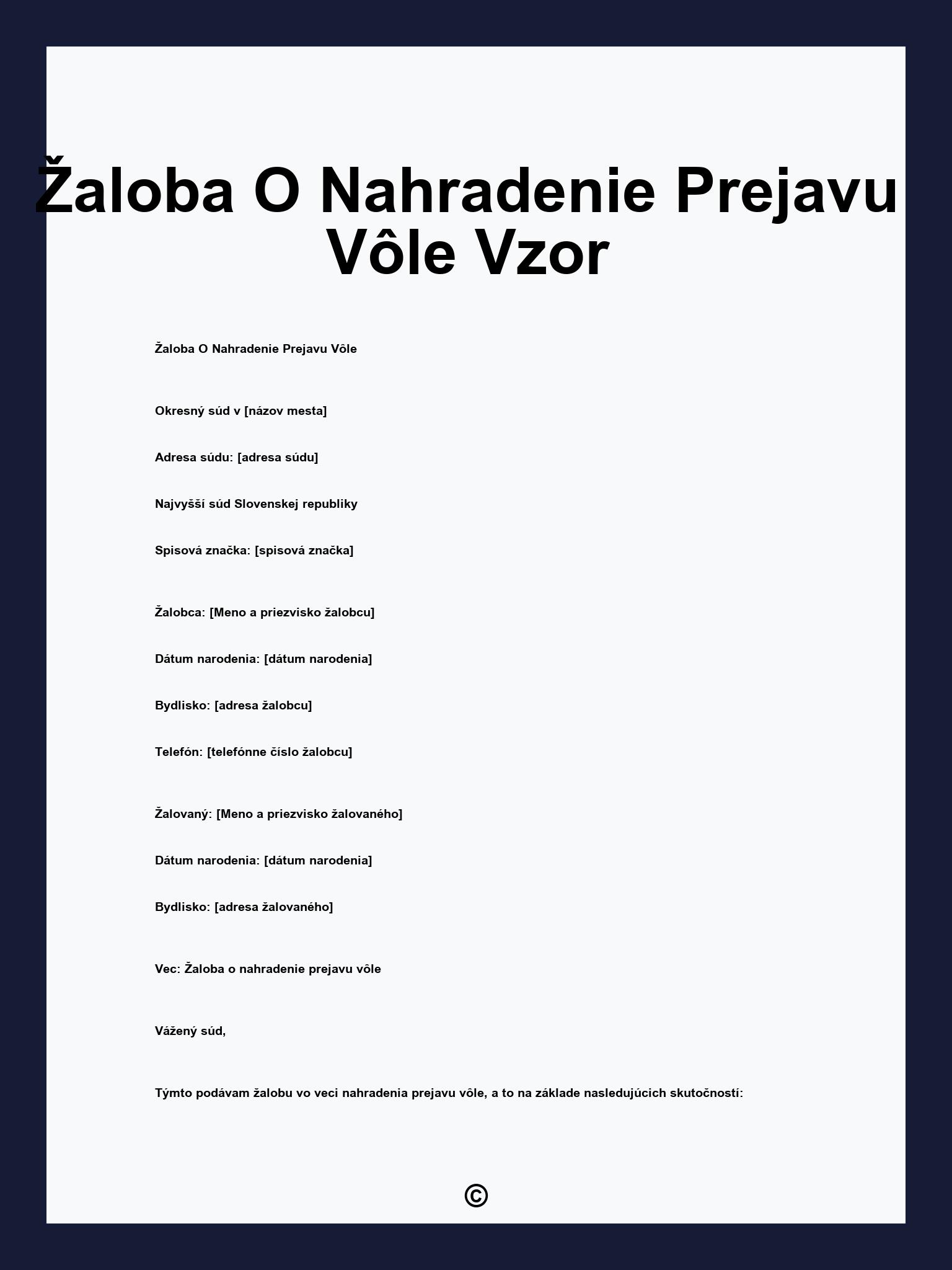 Žaloba O Nahradenie Prejavu Vôle Vzor