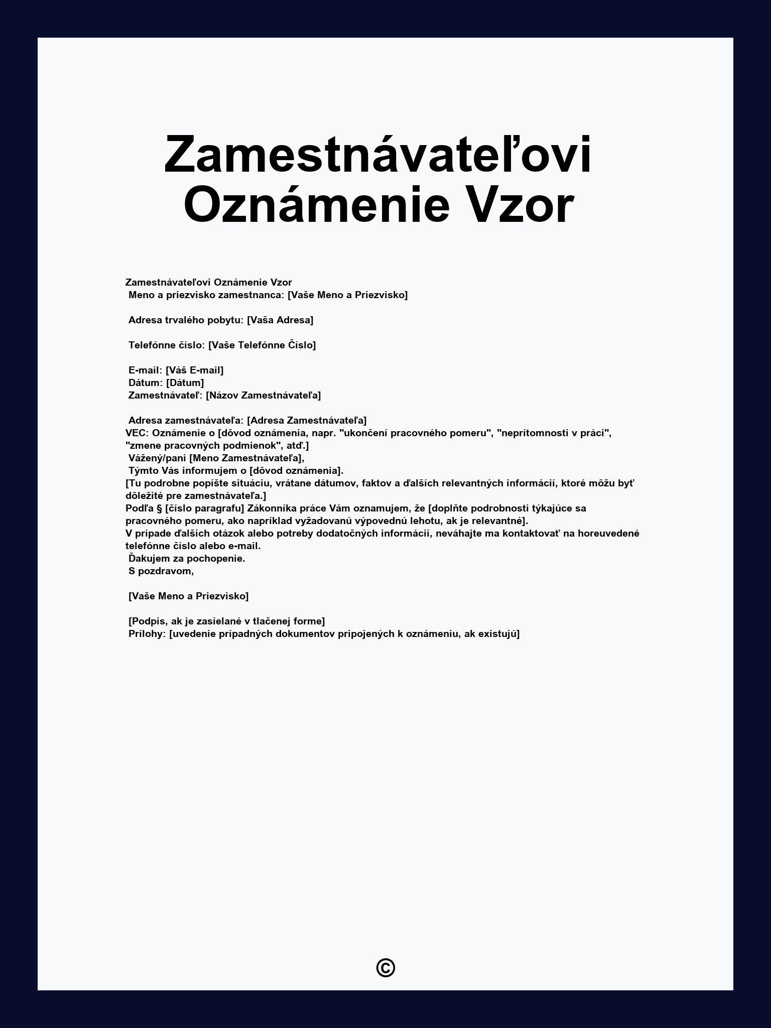 Zamestnávateľovi Oznámenie Vzor