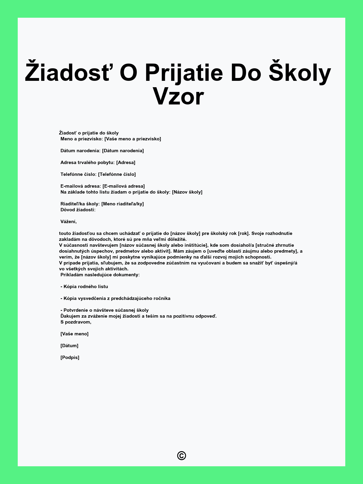 Žiadosť O Prijatie Do Školy Vzor