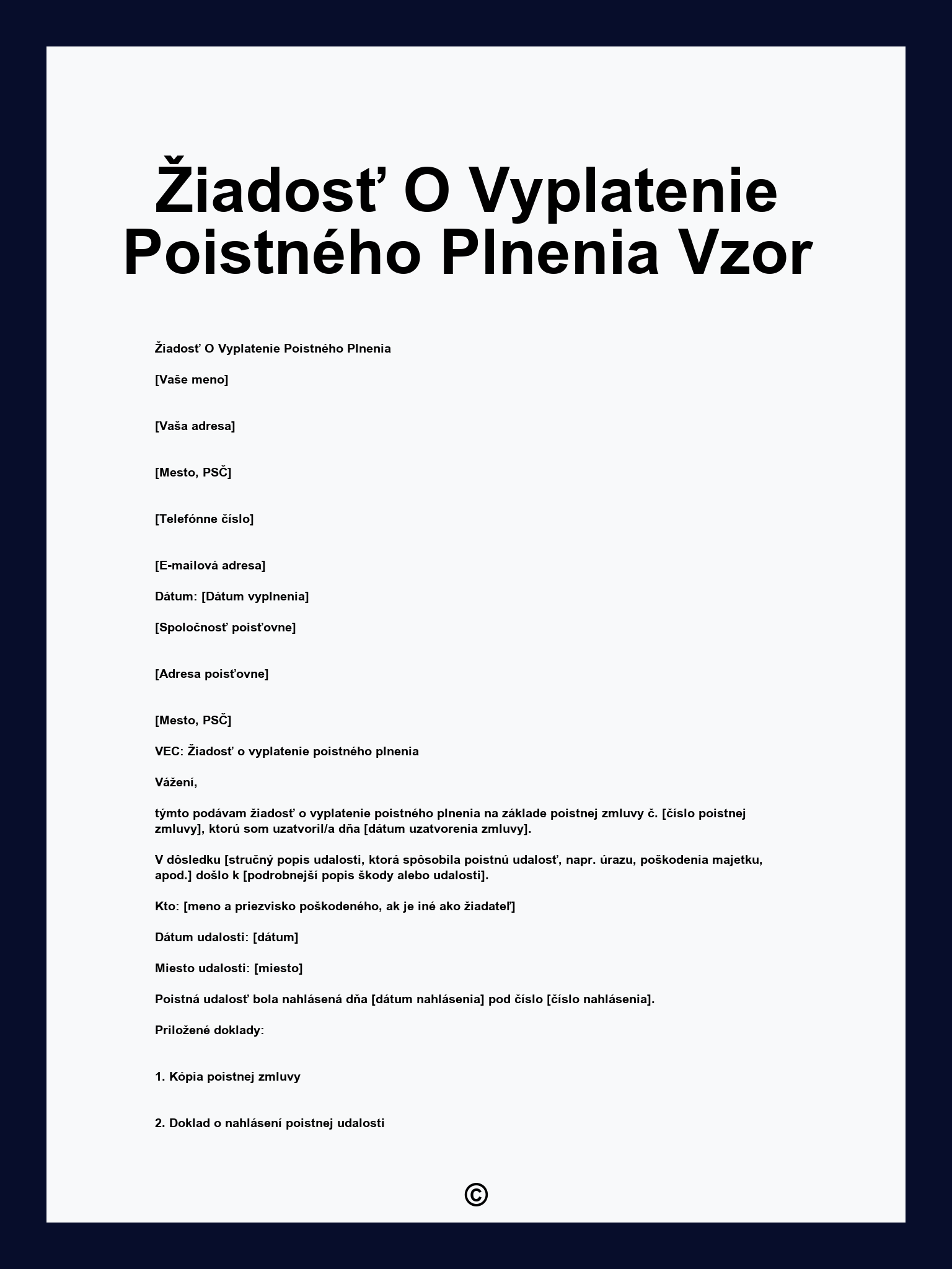 Žiadosť O Vyplatenie Poistného Plnenia Vzor