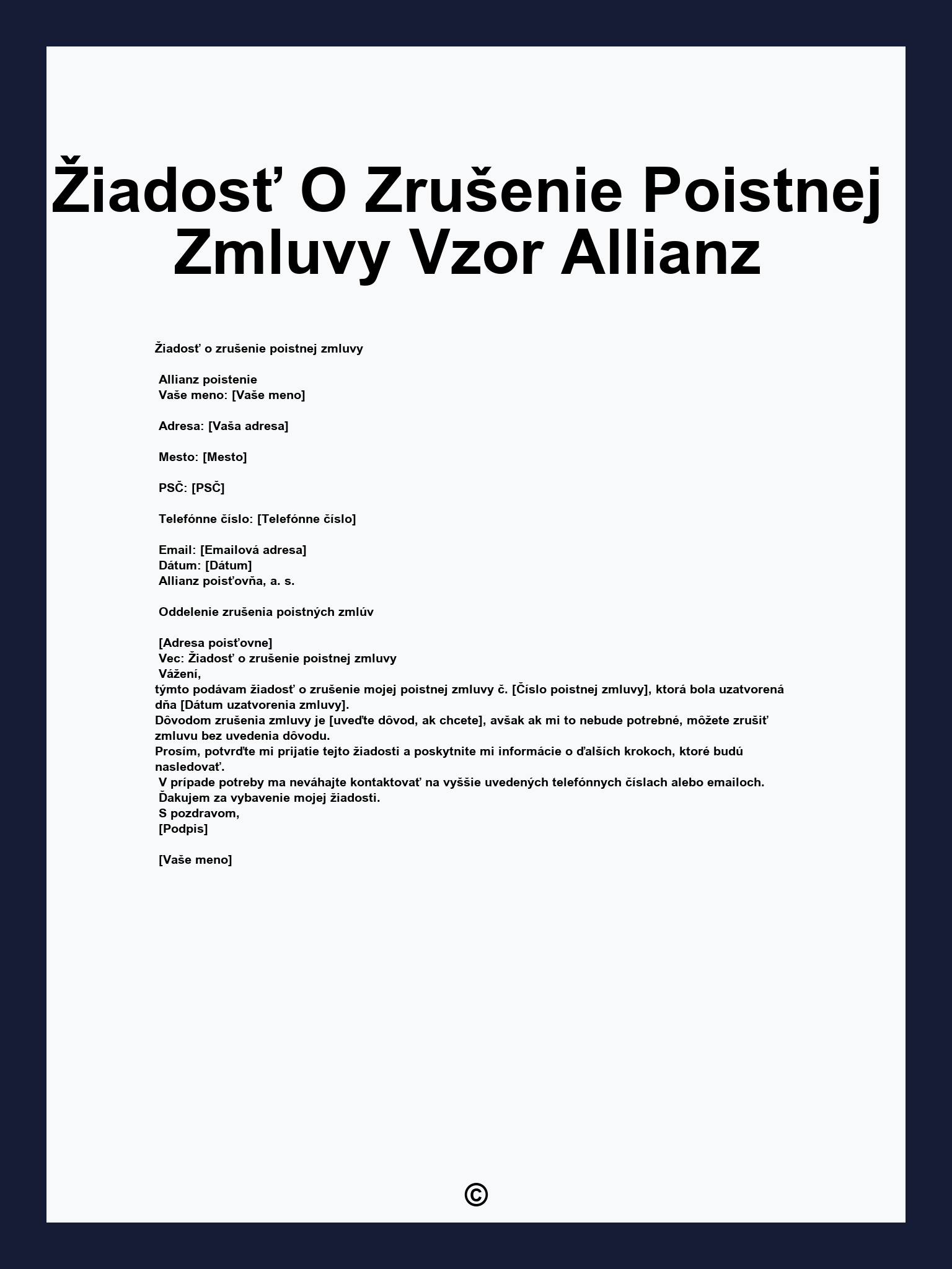Žiadosť O Zrušenie Poistnej Zmluvy Vzor Allianz