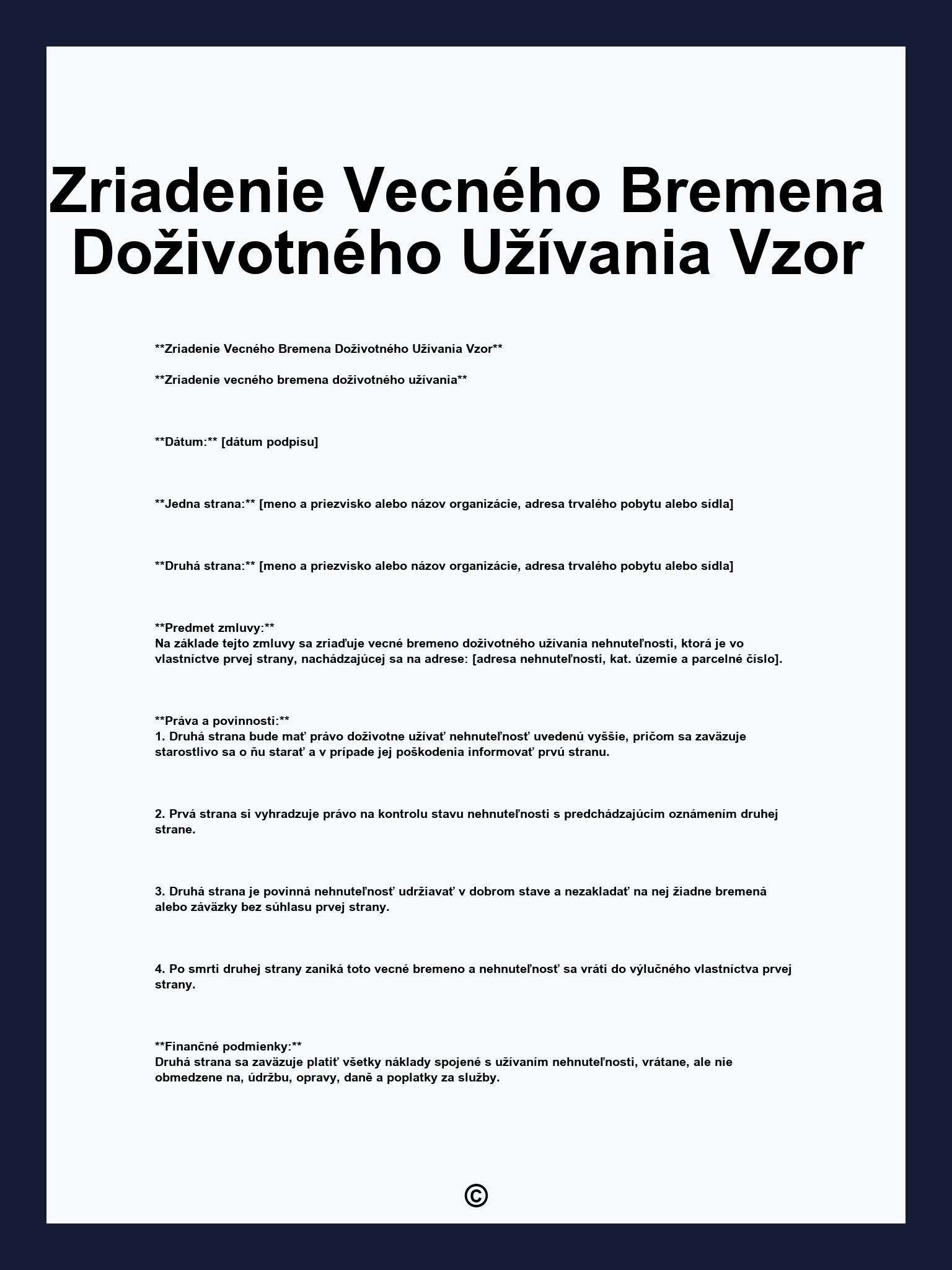 Zriadenie Vecného Bremena Doživotného Užívania Vzor